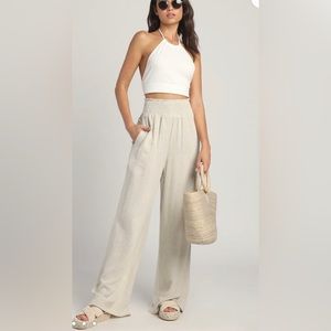 Lulus Hit The Breeze Beige Smocked Wide Leg Pants Size Small. NEW without tags